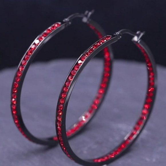 Black Metal Bright Red Crystal Channel Hoops Rhinestone Hoop Earrings Sparkling - Picture 4 of 6
